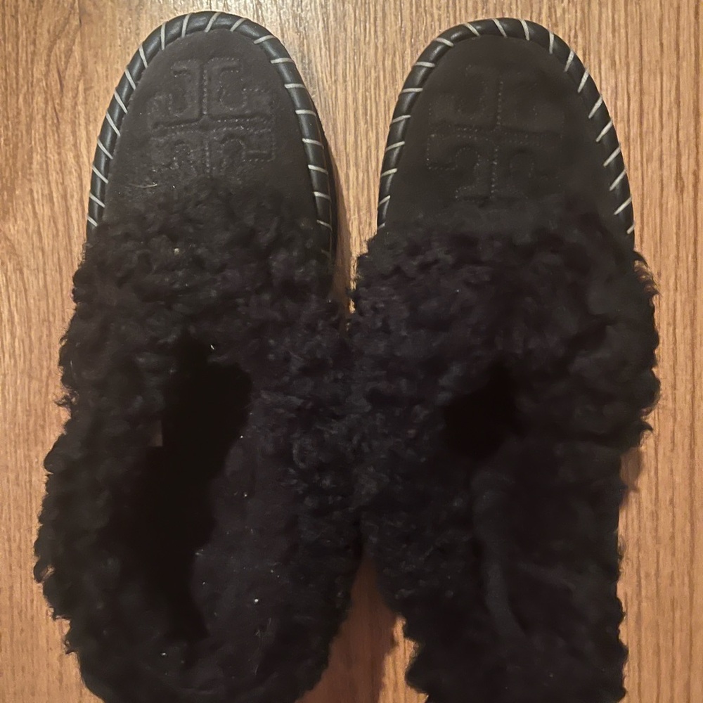 Tory Burch Black Fuzzy Slippers